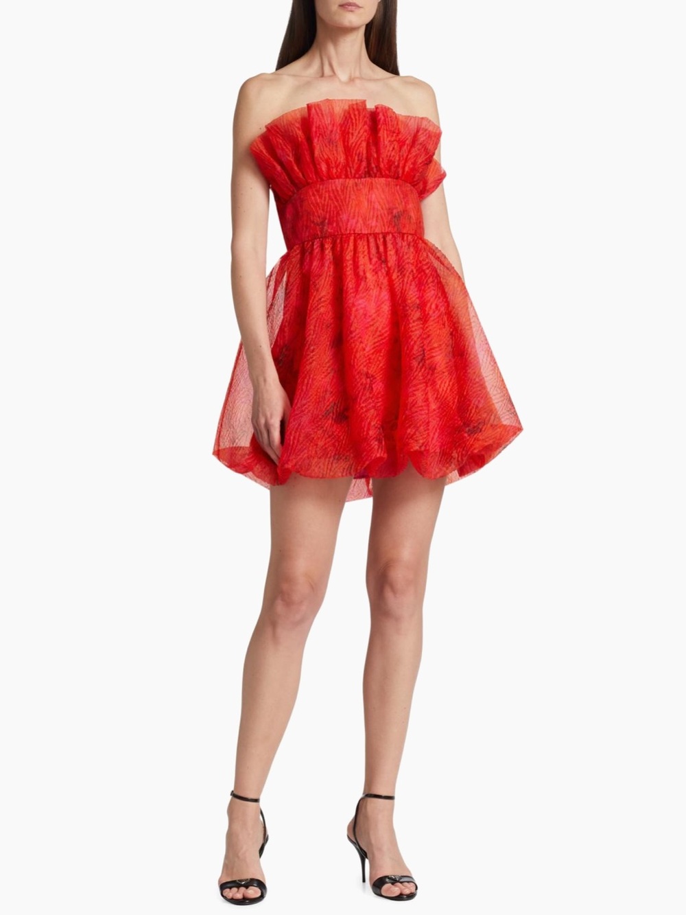 Monique Lhuillier Red Rory Strapless Organza Floral-Textured cocktail minidress